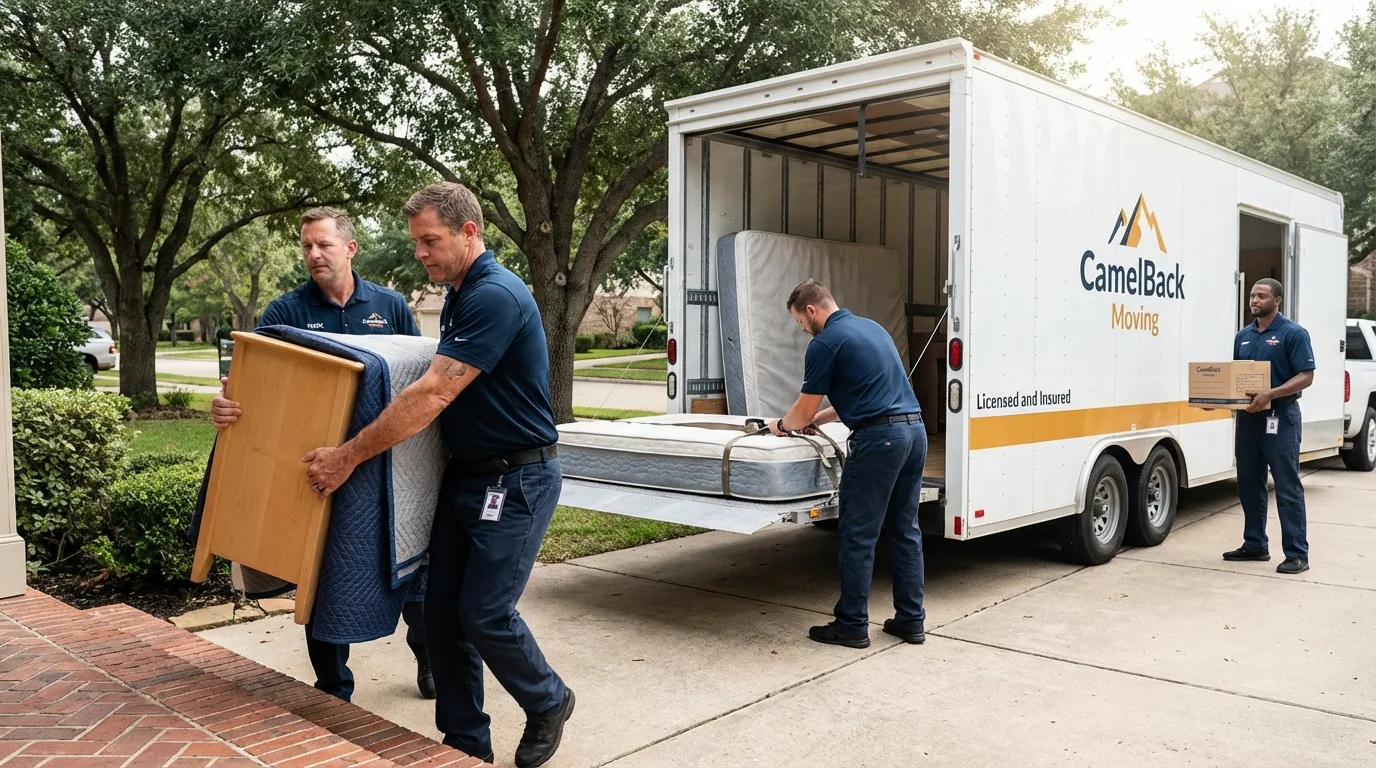 Crew loading residential truck for cross-state move from Kyle, TX