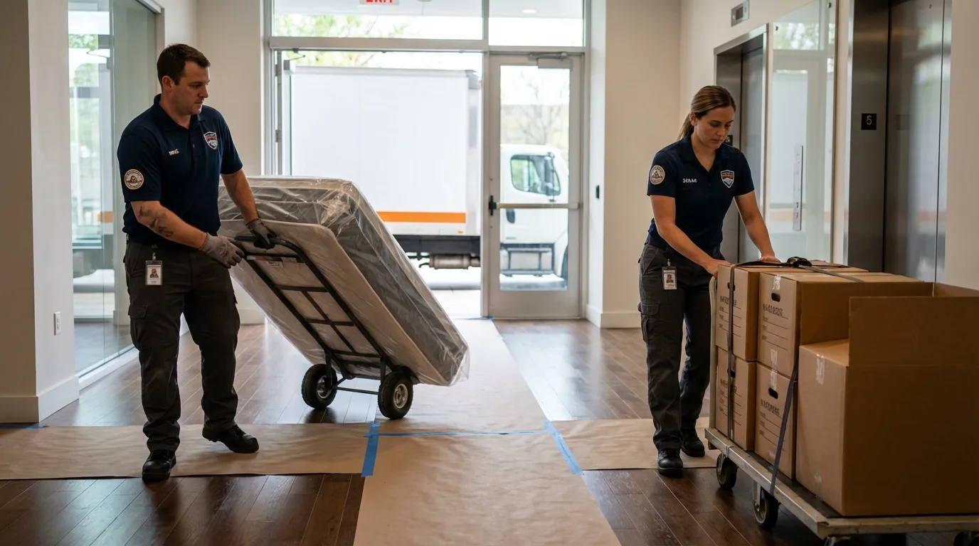 Professional apartment movers loading elevator in Kyle, TX